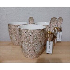 3 NWT Morris & Co. MUG Poppy FLORAL FINE PORCELAIN TAN PEACH FLORAL WITH SPOON